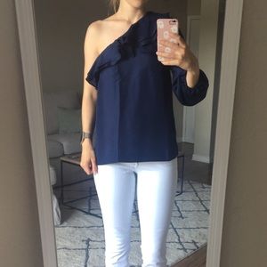 NWOT One shoulder ruffle silk top